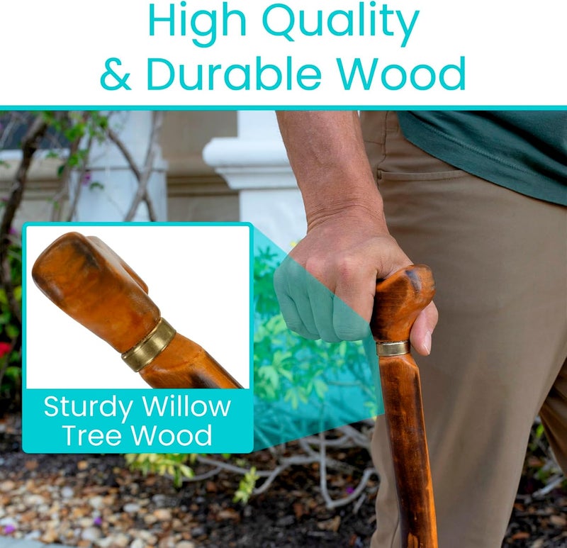 VIVE عصا مشي خشبية - للرجال والنساء وكبار السن - 36 بوصة نقطة واحدة طرف مطاطي مع مقبض صفصاف - قبضة مريحة للتوازن والثبات - منتج خفيف الوزن لمساعدة كبار السن - Image 3